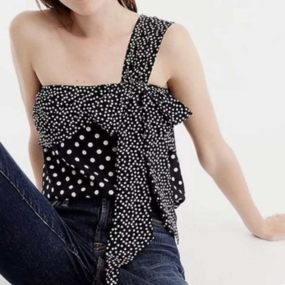 J Crew Silk Bow One Shoulder Top Polka Dot